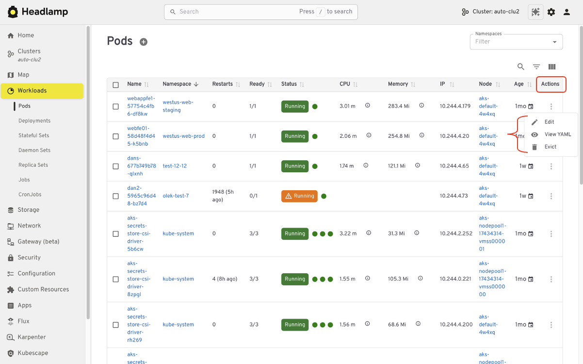 在 Headlamp 用户界面中编辑和与 Kubernetes 资源交互